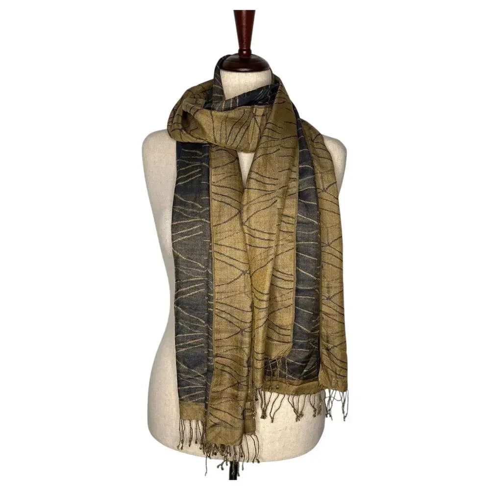 Neeru Kumar 100% Silk Scarf Handloomed 21x76 Kantha Rectangle Fringe Gold Black